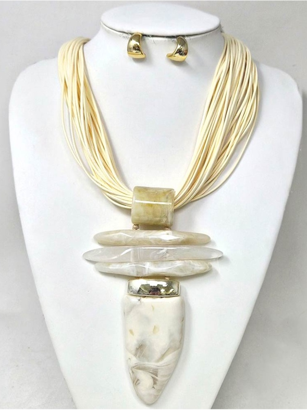 Cream Marbled Statement Necklace with Gold Accent - Women Jewelry